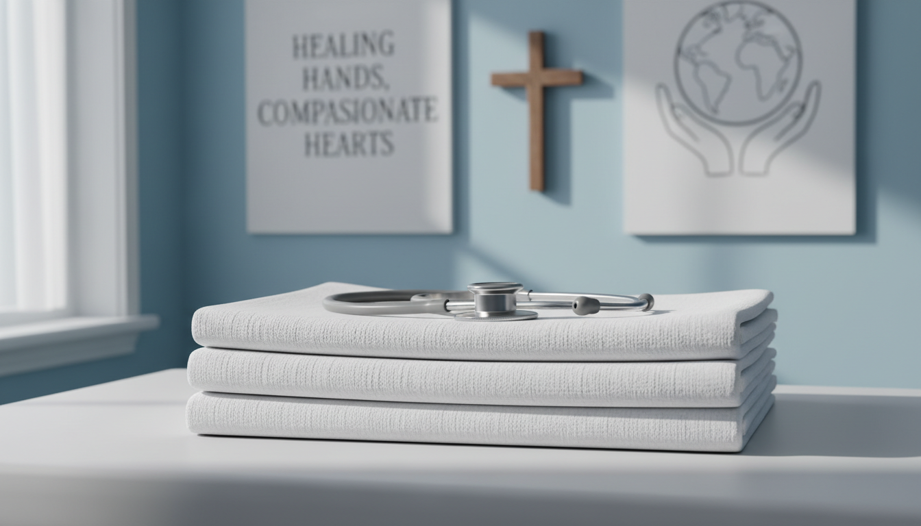 A detailed, gleaming stainless steel medical stethoscope resting atop a neatly folded stack of crisp, white cotton medical linens. The setting is a clean, organized examination table with light blue walls in the background, dotted with inspirational posters and a wooden cross hanging prominently. Bright natural daylight streams in from a tall window out of the frame, illuminating soft highlights on the metal stethoscope and casting faint, peaceful shadows on the linens. The mood is one of hope and care, evoking trust and compassion. Photographed from an eye-level angle with a centered composition and shallow depth of field, the atmosphere is inviting and modern, perfectly capturing the essence of dedicated medical mission work.